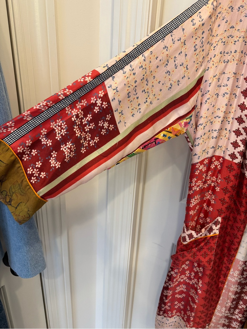 Johnny Was Red & Pink Patchwork Kimono Robe with Olive Trim - Picture 2 of 6